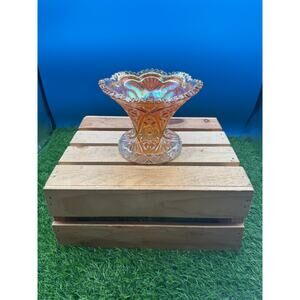 Vintage Marigold Carnival Glass Compote Pedestal Bowl - Iridescent Sawtooth Edge